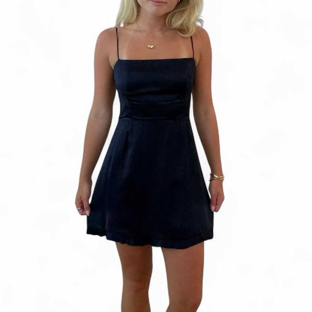 Wilfred Navy Satin Mini Dress with Spaghetti Straps